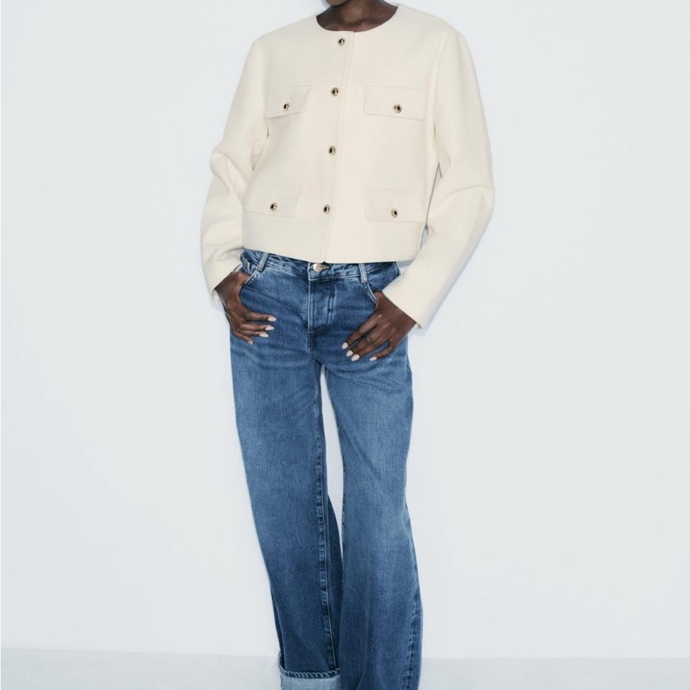 Zara Cream Jacket with Blue Straight Leg Jeans
